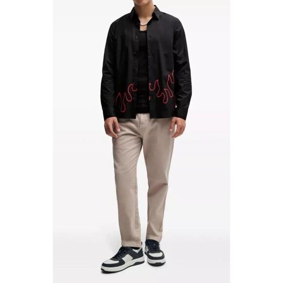 NEW HUGO BOSS MEN'S LONG SLEEVE STRETCH BUTTON DOWN FIRE FLAME SHIRT SIZE L - Picture 2 of 5